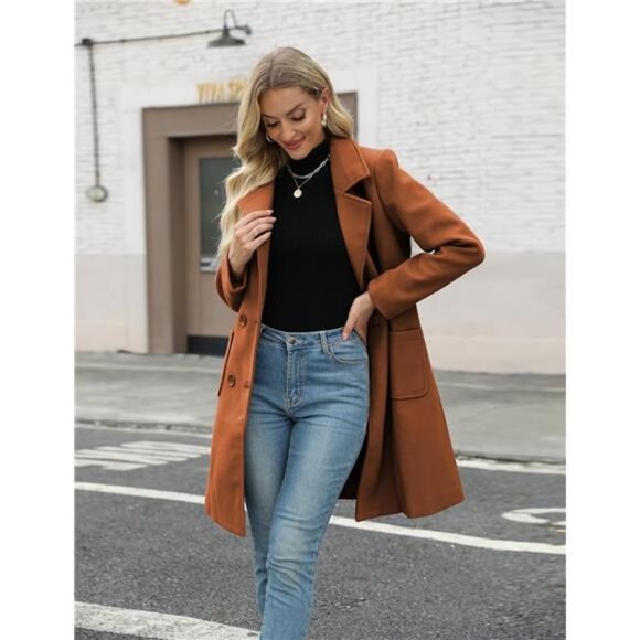 Women Mid-Long Coat Notch Double-Breasted Camel - Picture 2 of 5